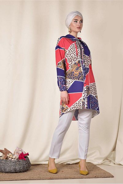 TRENDTESETTÜR Women's Navy Blue (SAKS) Colorful Patterned Front Button Tunic 4983