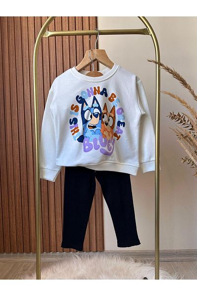 Magu Bluey Patterned Cotton White Sweatshirt Leggings Bottom-Top Set Girls