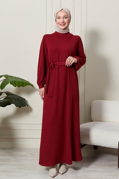 fistan Ribbed Knit Thin Velvet Fabric Belted Belted Winter Half Throat Princess Sleeve Hijab Dress