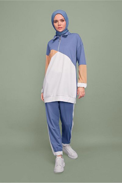 TRENDTESETTÜR Γυναικείο Navy Blue (INDIGO) Τρίχρωμο κοστούμι με γιακά με φερμουάρ T 0066