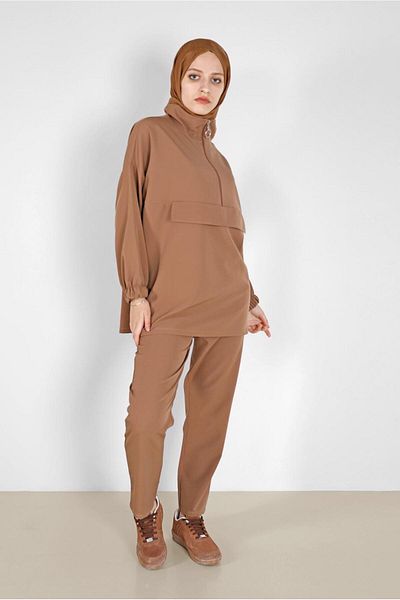 TRENDTESETTÜR Γυναικείο καφέ (CAMEL) Παντελόνι με ελαστικό φερμουάρ με διπλό παντελόνι. Ο ομιλός 6020