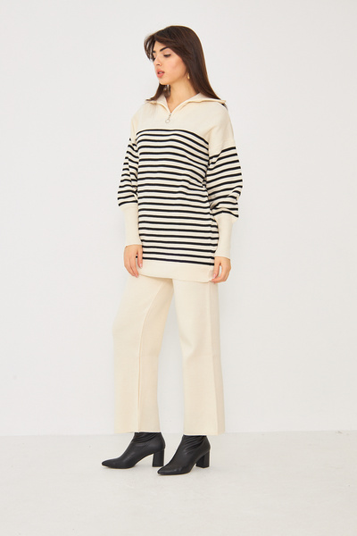 brako tekstil Women's Shirt Collar Zippered Striped Knitwear Set