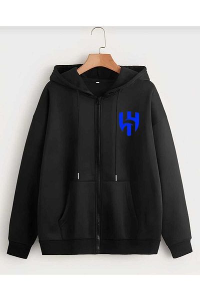 BUY CENTER Unisex Oversize με φερμουάρ με κουκούλα μαύρο μπουφάν και ζακέτα με στάμπα Al Crescent