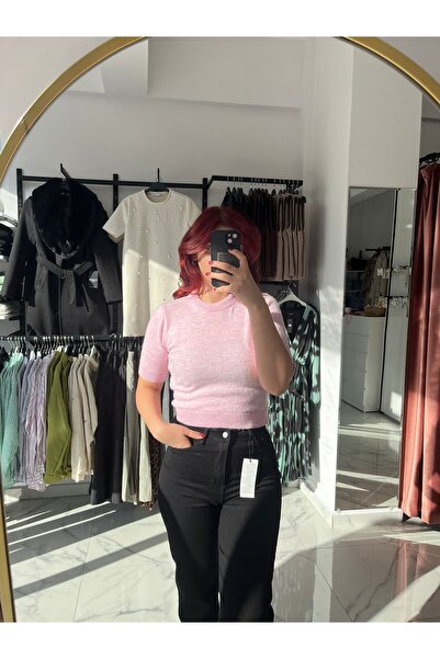 Butik Pembe Kısa Kollu Crop Kazak