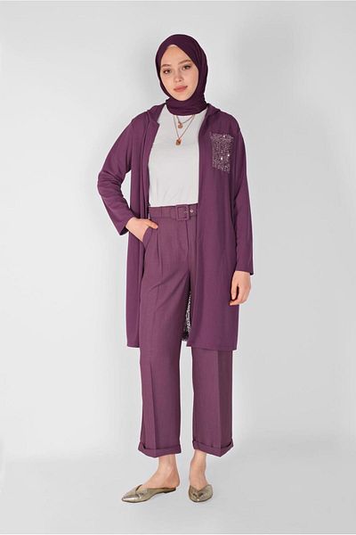 TRENDTESETTÜR Women's Purple Sequined Hooded Cardigan 3656
