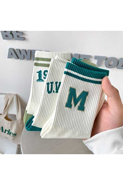 çorapmanya 5 Pairs Multicolor Cute 1903 Patterned Striped Cotton College Tennis Socks