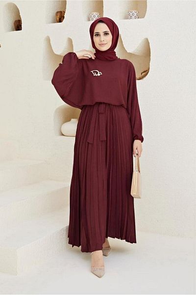 TRENDTESETTÜR Women's Burgundy Skirt Pleated Belted Dress 80001