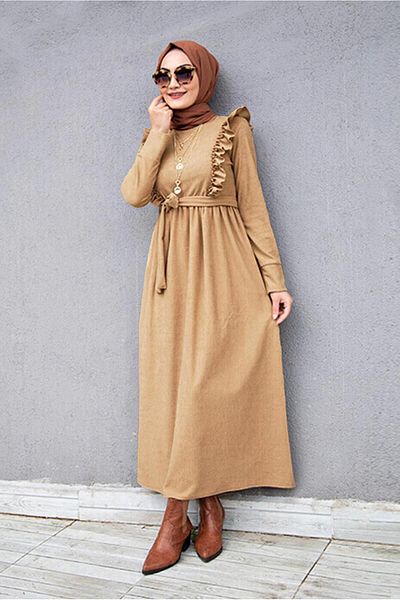 TRENDTESETTÜR Γυναικείο φόρεμα καφέ (CAMEL) με λεπτομέρεια με ζώνη 7066