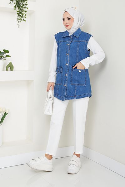Pamuk Butik Women's Blue Denim Pocket Denim Vest