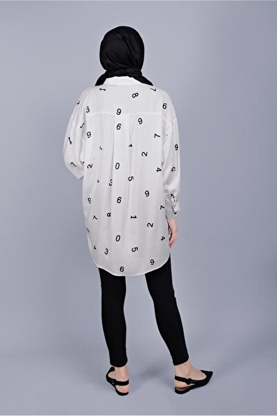 TRENDTESETTÜR Women's Ecru Number Printed Buttoned Tunic 50112