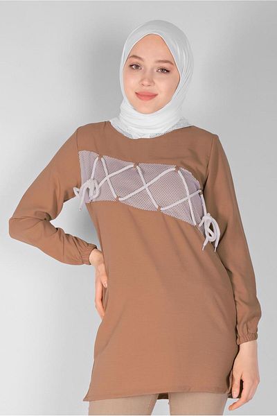TRENDTESETTÜR Women's Brown (K.CAMEL) Mesh and Lace Detailed Tunic 54287