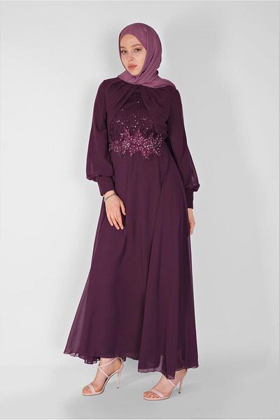 TRENDTESETTÜR Women's Plum Sequin Embroidered Chiffon Evening Dress 58725