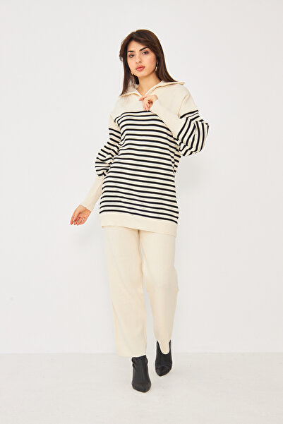 brako tekstil طقم تريكو نسائي مخطط بياقة قميص وسحاب