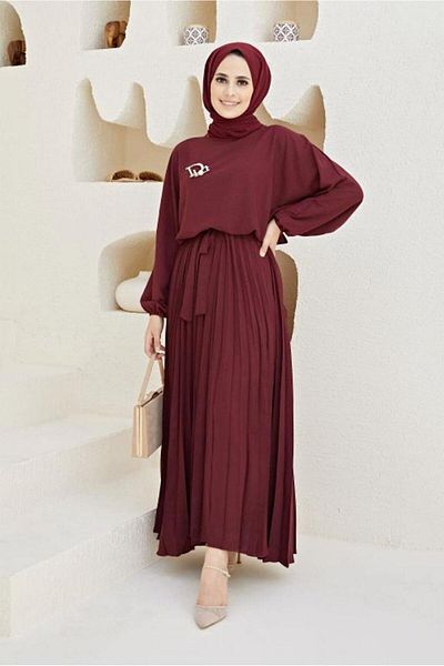 TRENDTESETTÜR Women's Burgundy Skirt Pleated Belted Dress 80001