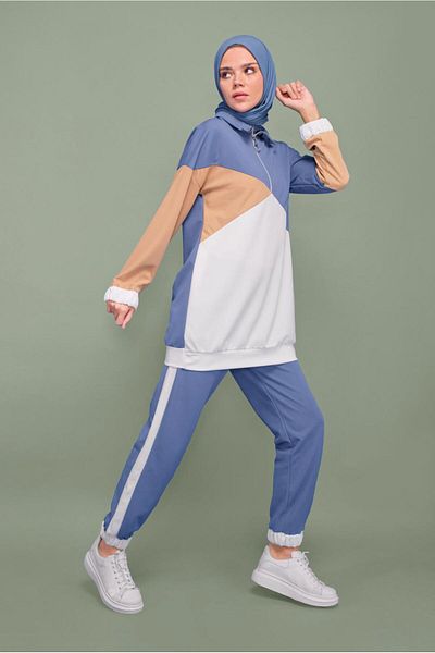 TRENDTESETTÜR Γυναικείο Navy Blue (INDIGO) Τρίχρωμο κοστούμι με γιακά με φερμουάρ T 0066