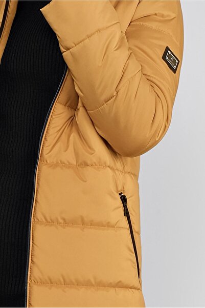 TRENDTESETTÜR Women's Orange (MUSTARD) Hooded Puffer Coat with Pockets 90134