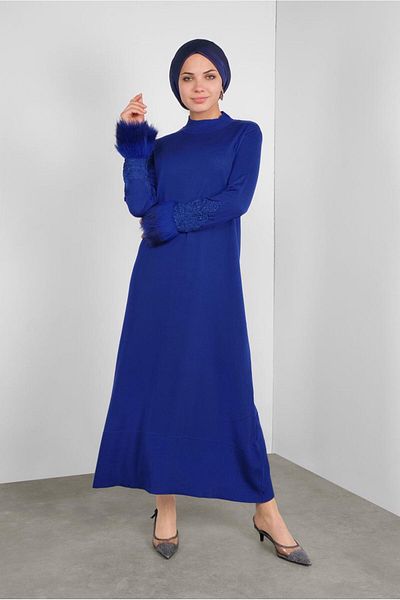 TRENDTESETTÜR Γυναικείο φόρεμα με μανσέτες Navy Blue (SAKS) με γούνινο κεντημένο πλεκτό 41034
