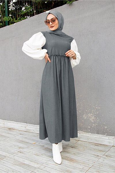 TRENDTESETTÜR Women's Gray Balloon Sleeve 2-coloured Dress 8066