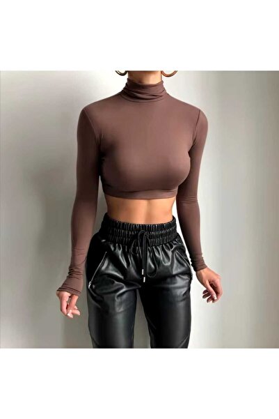 GARDIROZA Crop negru cu mânecă lungă cu gât rotic, corp crop maro