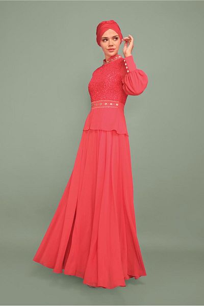 TRENDTESETTÜR Women's Coral Jewelled Sequined Evening Dress 5948