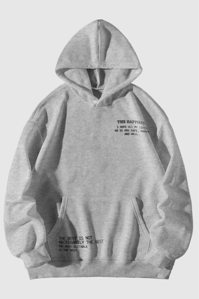 Meyar Unisex Gri Happiest Baskılı Oversize Kapşonlu Sweatshirt