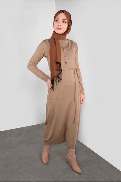 TRENDTESETTÜR Γυναικείο πλεκτό καφέ (CAMEL) με ζώνη μέσης και κουμπιά Gilet 41037