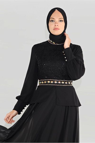 TRENDTESETTÜR Γυναικείο βραδινό φόρεμα με παγιέτες με μαύρη πέτρα 5948