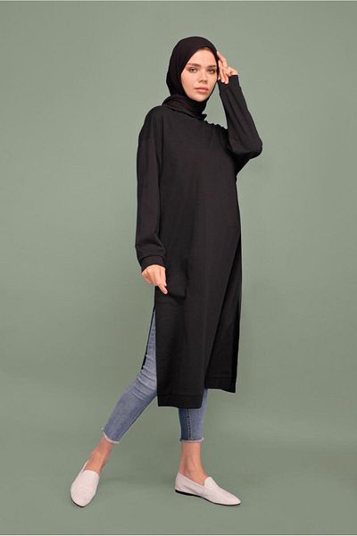 TRENDTESETTÜR Black Hooded Side Slit Tunic 7003