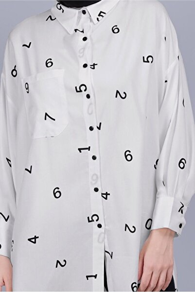 TRENDTESETTÜR Women's Ecru Number Printed Buttoned Tunic 50112