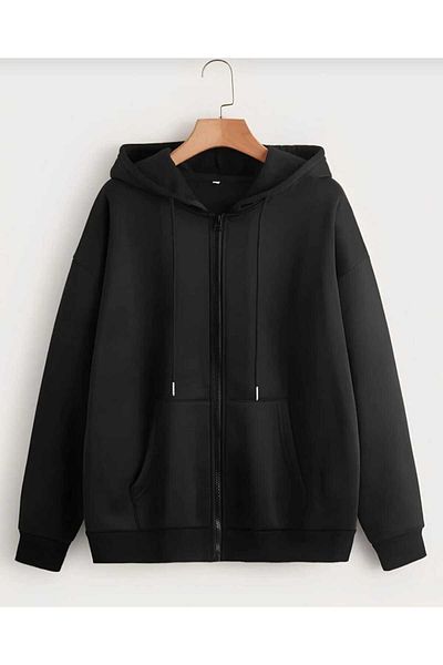 BUY CENTER Unisex Oversize Μαύρο μπουφάν με φερμουάρ και ζακέτα