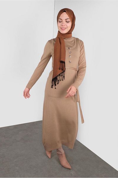 TRENDTESETTÜR Γυναικείο πλεκτό καφέ (CAMEL) με ζώνη μέσης και κουμπιά Gilet 41037