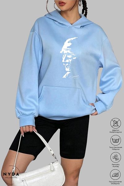 Nyda Collections Hanorac oversize din bumbac cu glugă, unisex, cu imprimeu Atatürk Silhouette