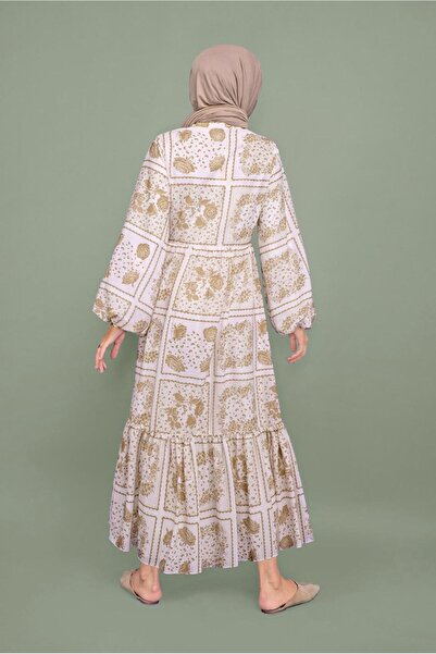 TRENDTESETTÜR Women's Mink Belted Round Neck Floral Patterned Dress640000