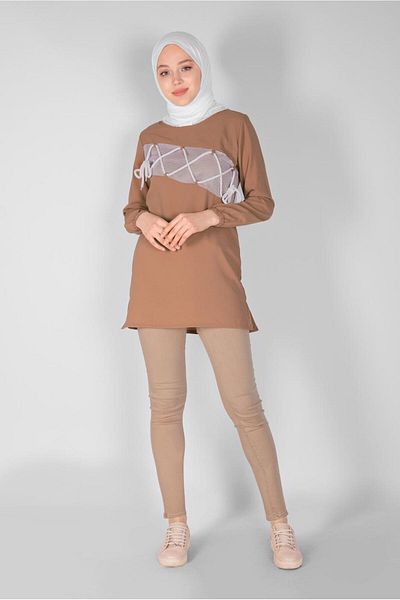 TRENDTESETTÜR Women's Brown (K.CAMEL) Mesh and Lace Detailed Tunic 54287