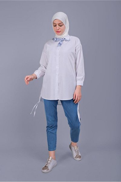 TRENDTESETTÜR Γυναικείο λευκό κορδόνι με λεπτομέρεια βαμβακερό τουνίκ 602