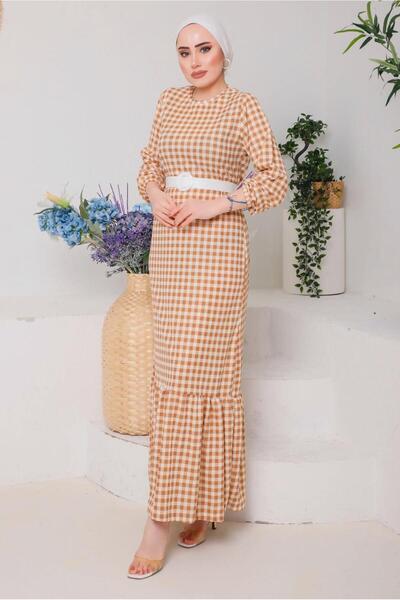 TRENDTESETTÜR Γυναικείο Μπεζ φόρεμα Gingham με ζώνη 6922