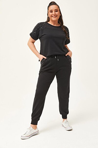 Ebsumu طقم بدلة رياضية نسائية باللون الأسود بأكمام قصيرة مزين بالأحجار والخرز