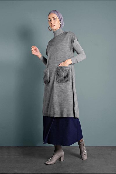 Alvina Feathered Knitting Tunic with Pockets 40021