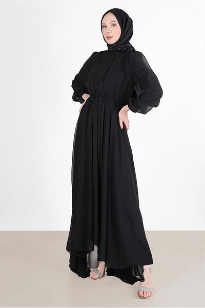 TRENDTESETTÜR Γυναικείο βραδινό φόρεμα με μαύρη πιέτα με πτυχωτή μέση 65015