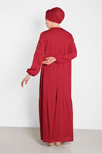 TRENDTESETTÜR WOMEN'S RED SLEEVES EMBROIDERED CUFFS RUBBER DRESS 4439