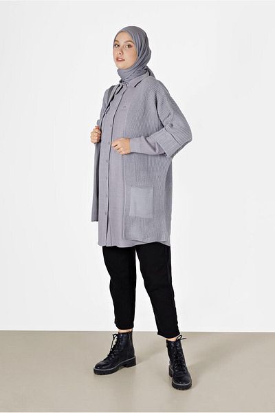 TRENDTESETTÜR Women's Gray Half Sleeve Pocket Detailed Cardigan 6627