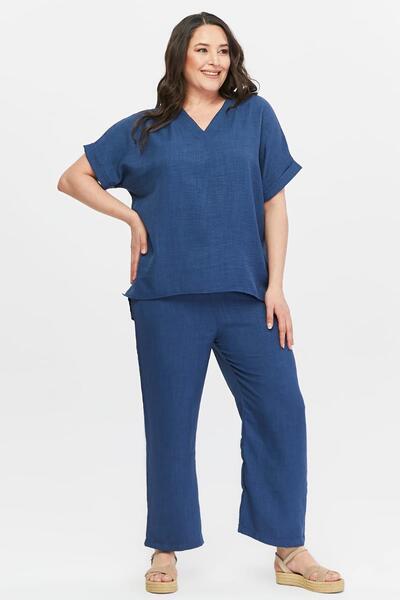 Ebsumu Γυναικείο υφαντό βαμβακερό κάπρι Navy Blue διπλό σετ