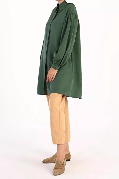 TRENDTESETTÜR Women's Green (ZEMRUT) Hidden Button Balloon Sleeve Tunic 66015