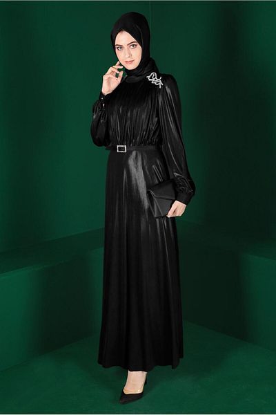 Alvina Shiny Belted Evening Dress - 50247