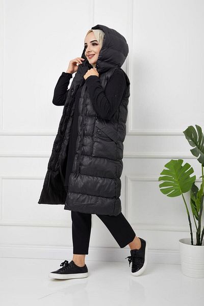TRENDTESETTÜR Women's Black Pocket Hooded Puffer Vest T 00044