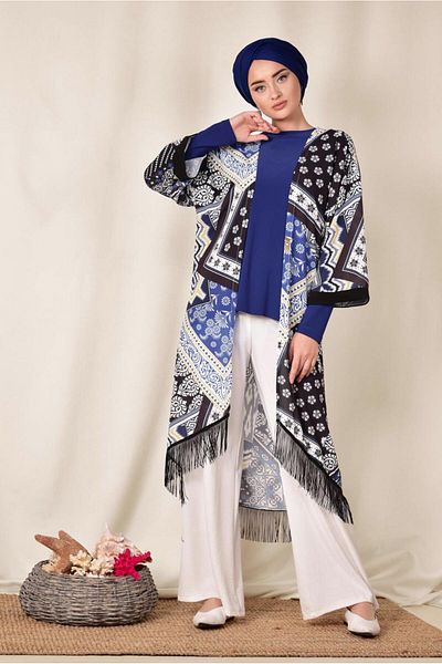 TRENDTESETTÜR Γυναικείο μπλέ Navy (SAKS) με μοτίβο φούντα κιμονό 4936