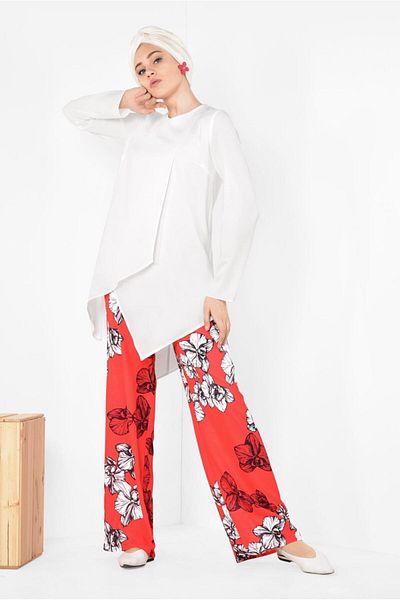 TRENDTESETTÜR WOMEN'S RED ASYMMETRIC CUT FLORAL PATTERNED DOUBLE PANTSET 4942