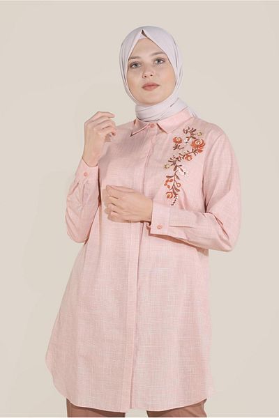 TRENDTESETTÜR Women's Red Floral Embroidered Buttoned Cotton Tunic 20047