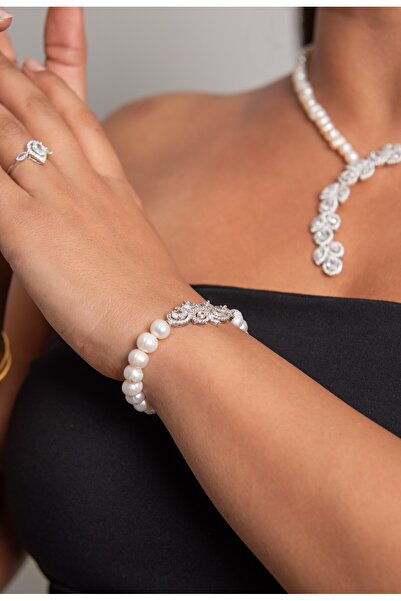 Sinemkacay 925 AYAR GÜMÜŞ RODYUM (BEYAZ ALTIN) KAPLAMA GERÇEK İNCİ SET