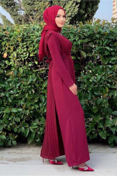TRENDTESETTÜR Women's Burgundy Pleat Detailed Belted Jumpsuit 8943